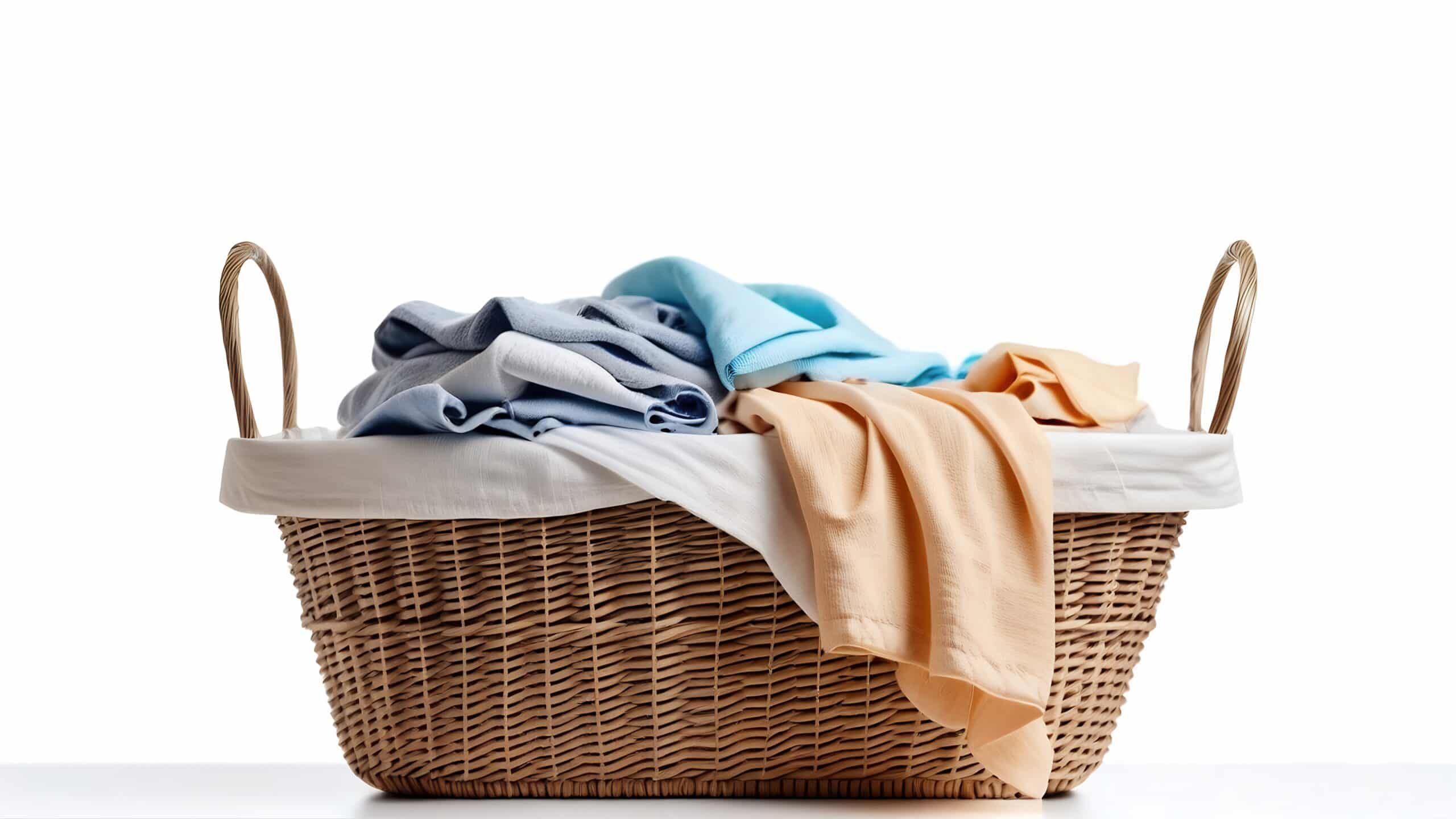 Laundry basket filled with clean pastel-coloured linens, representing improved wash results from a care home laundry audit