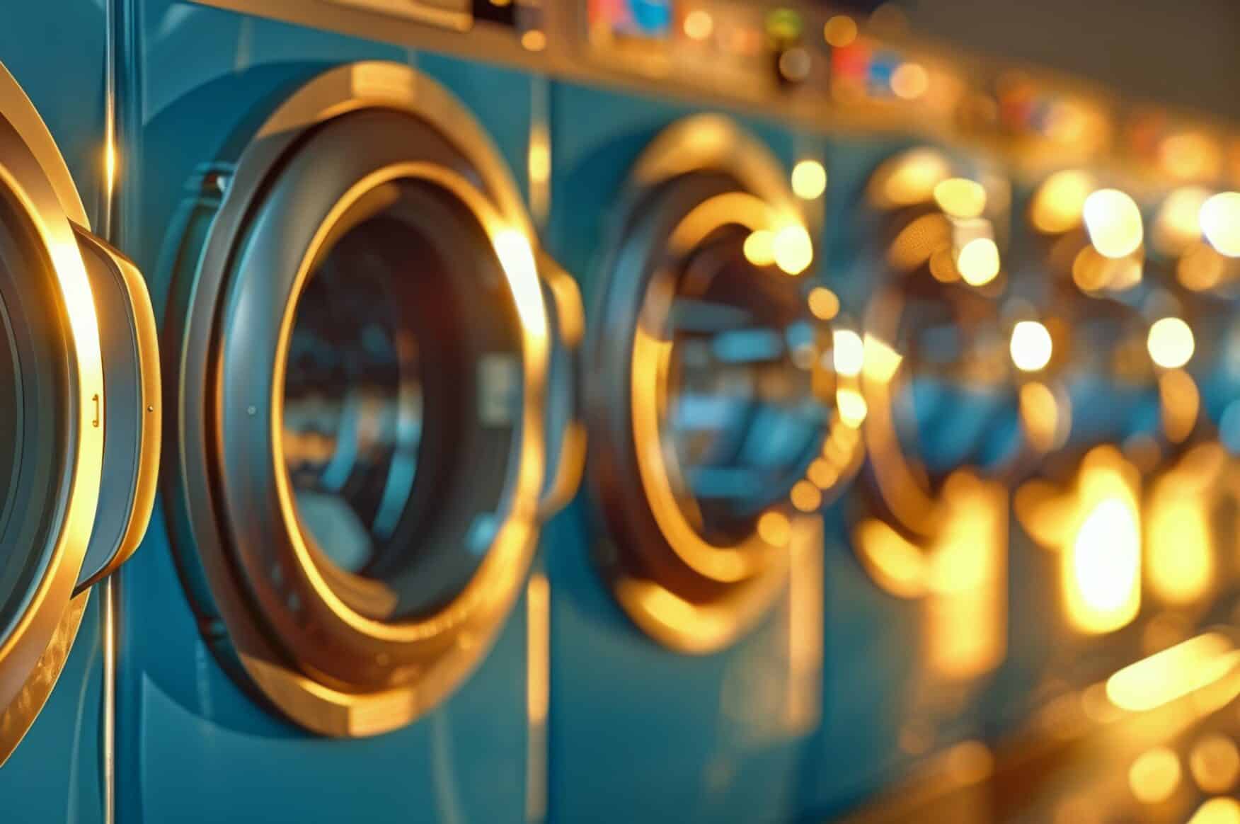 Row of industrial washing machines used in care home laundry procedures