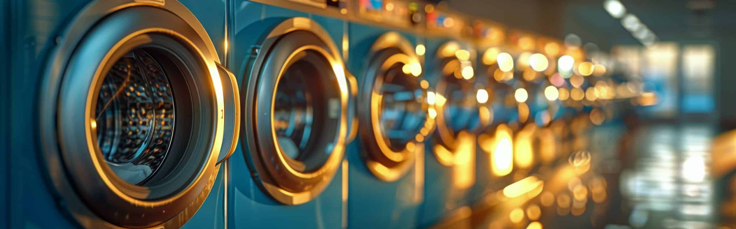 Row of industrial washing machines used in care home laundry procedures