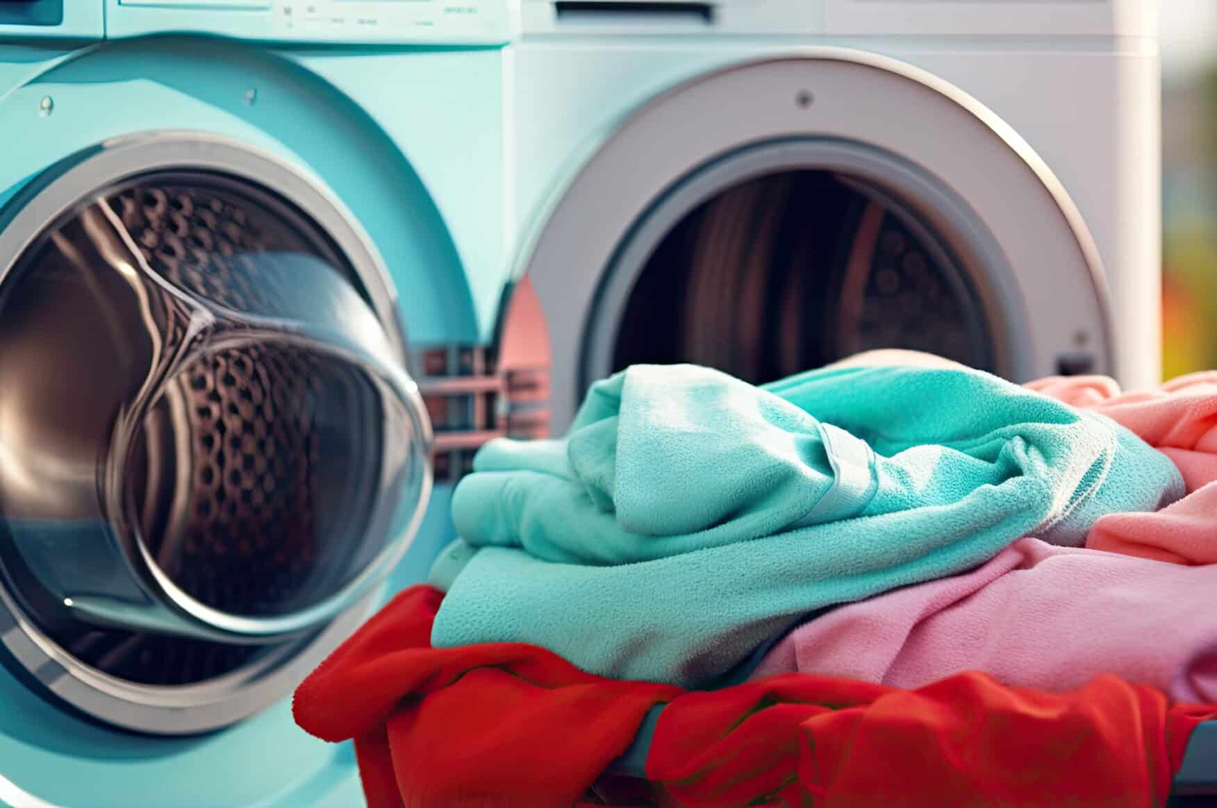 Commercial washing machines with colourful laundry in a care home setting