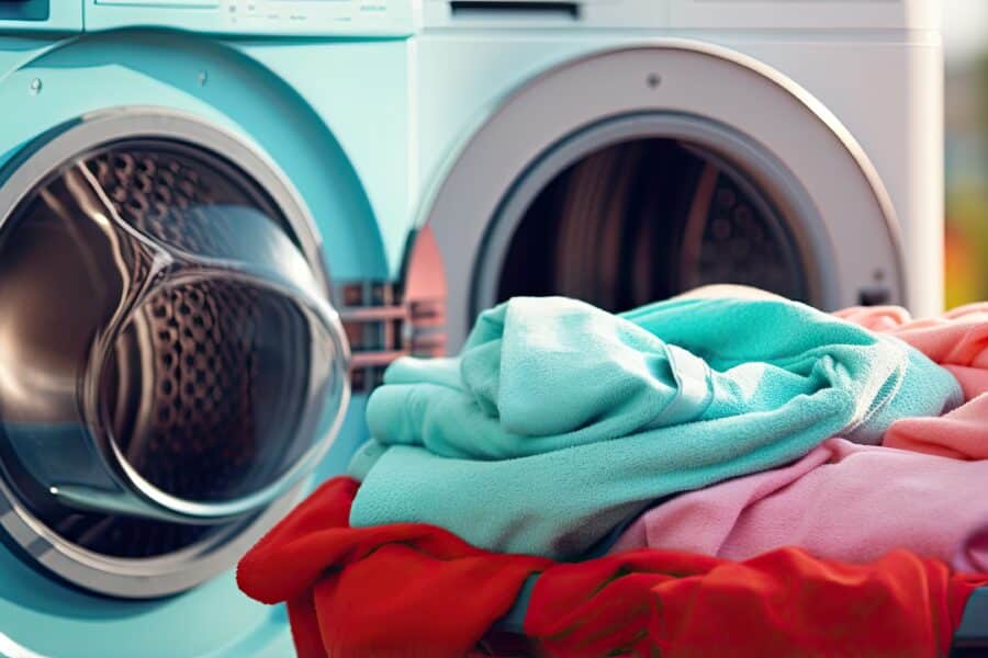 Commercial washing machines with colourful laundry in a care home setting