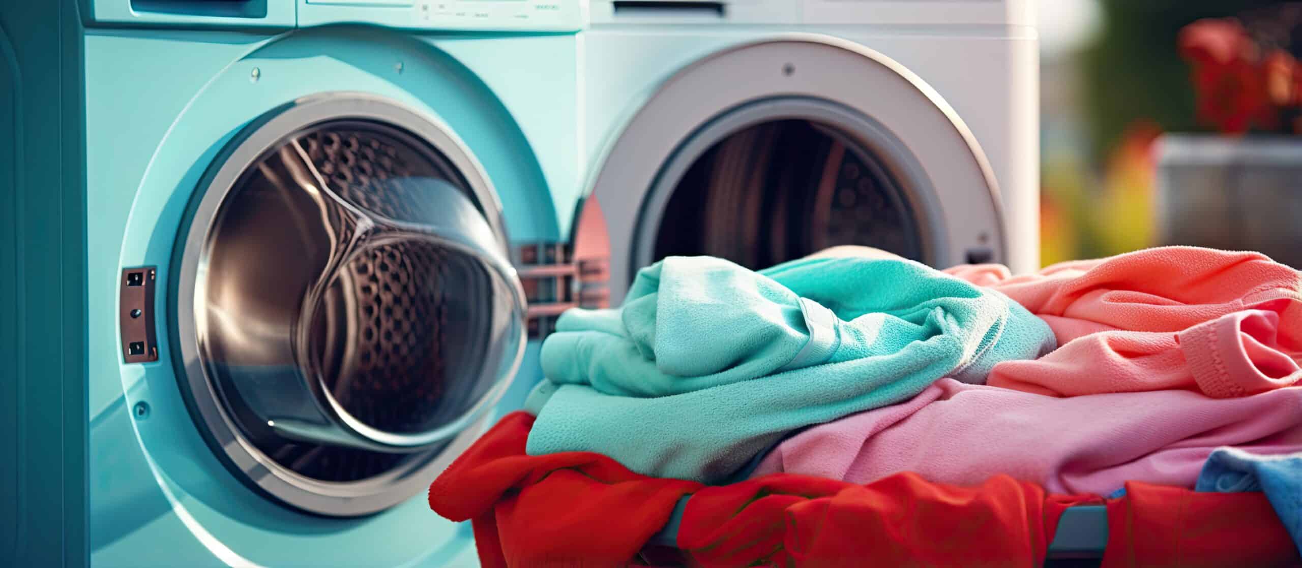 Commercial washing machines with colourful laundry in a care home setting