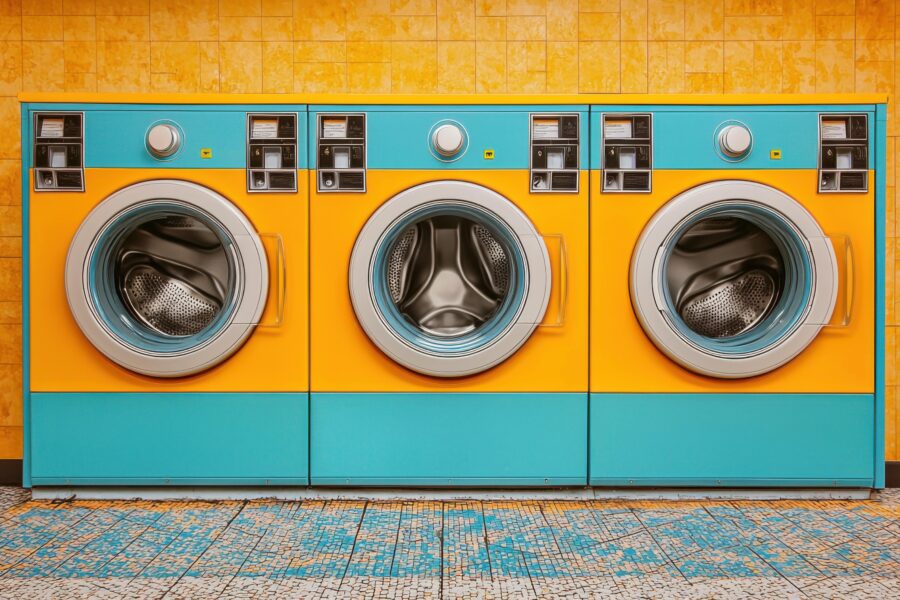 Row of colourful commercial washing machines in a care home laundry room