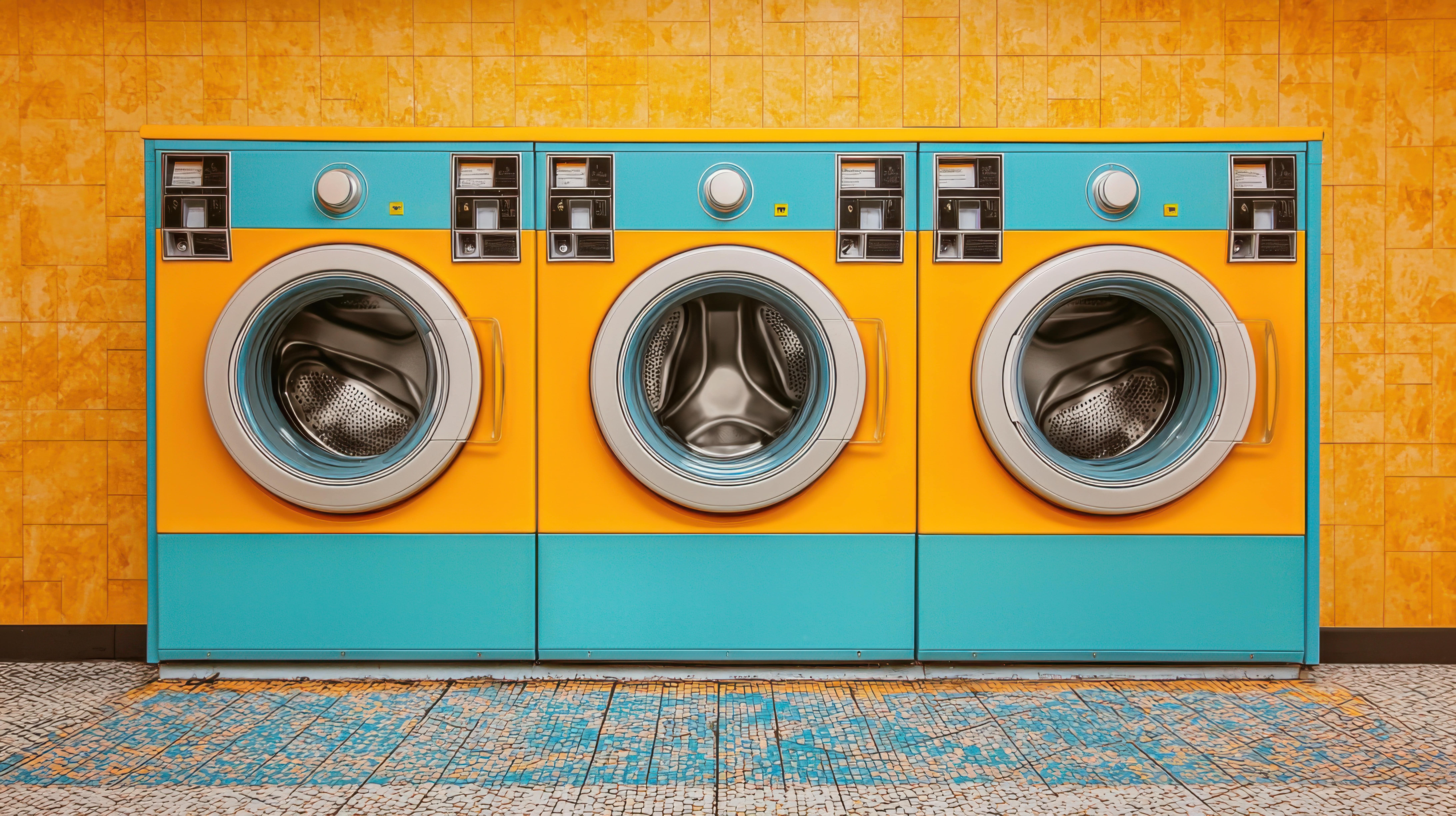 Row of colourful commercial washing machines in a care home laundry room