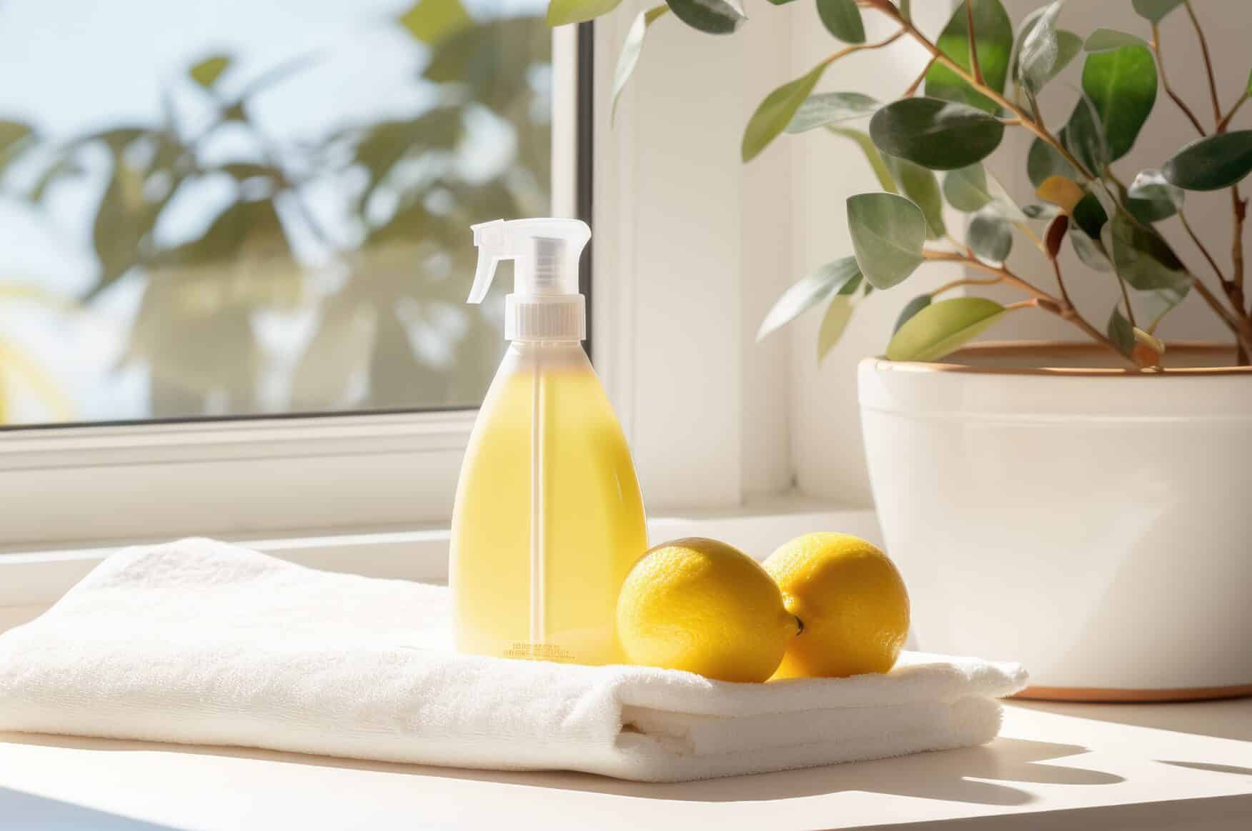 A bottle of natural lemon cleaning spray on folded towels beside lemons and a plant, symbolizing safe and eco-friendly cleaning in care homes