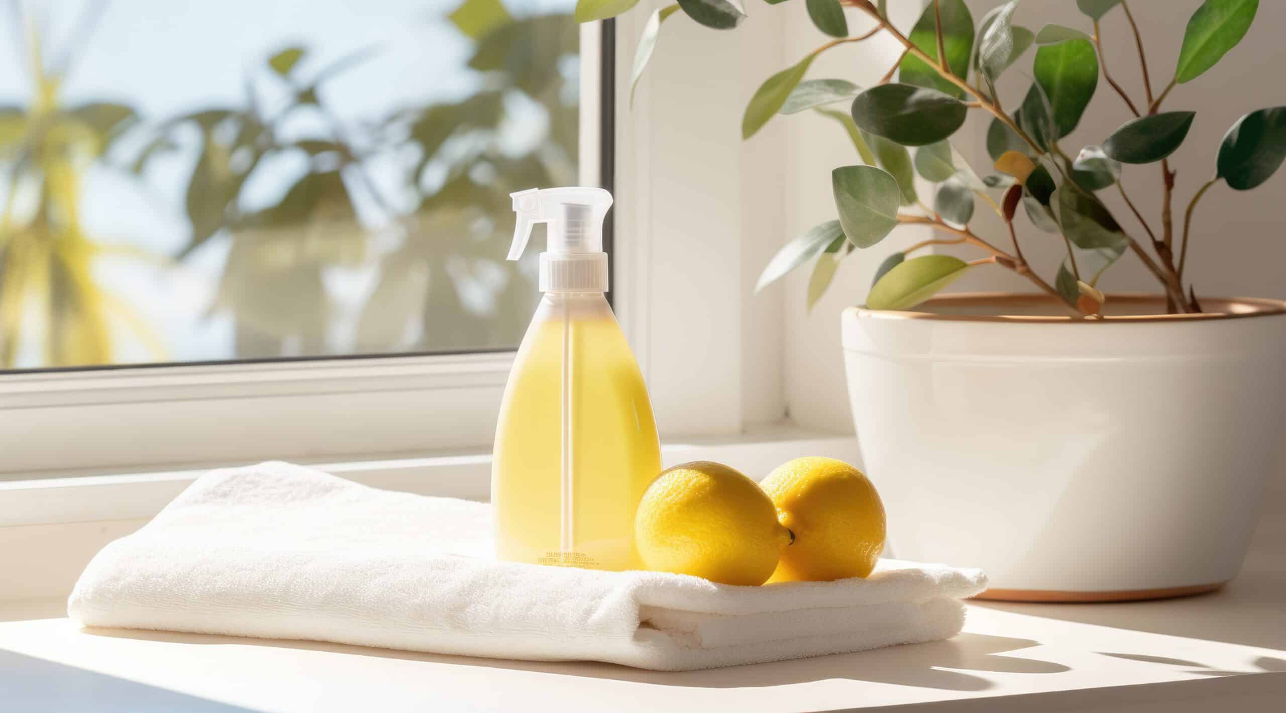 A bottle of natural lemon cleaning spray on folded towels beside lemons and a plant, symbolizing safe and eco-friendly cleaning in care homes