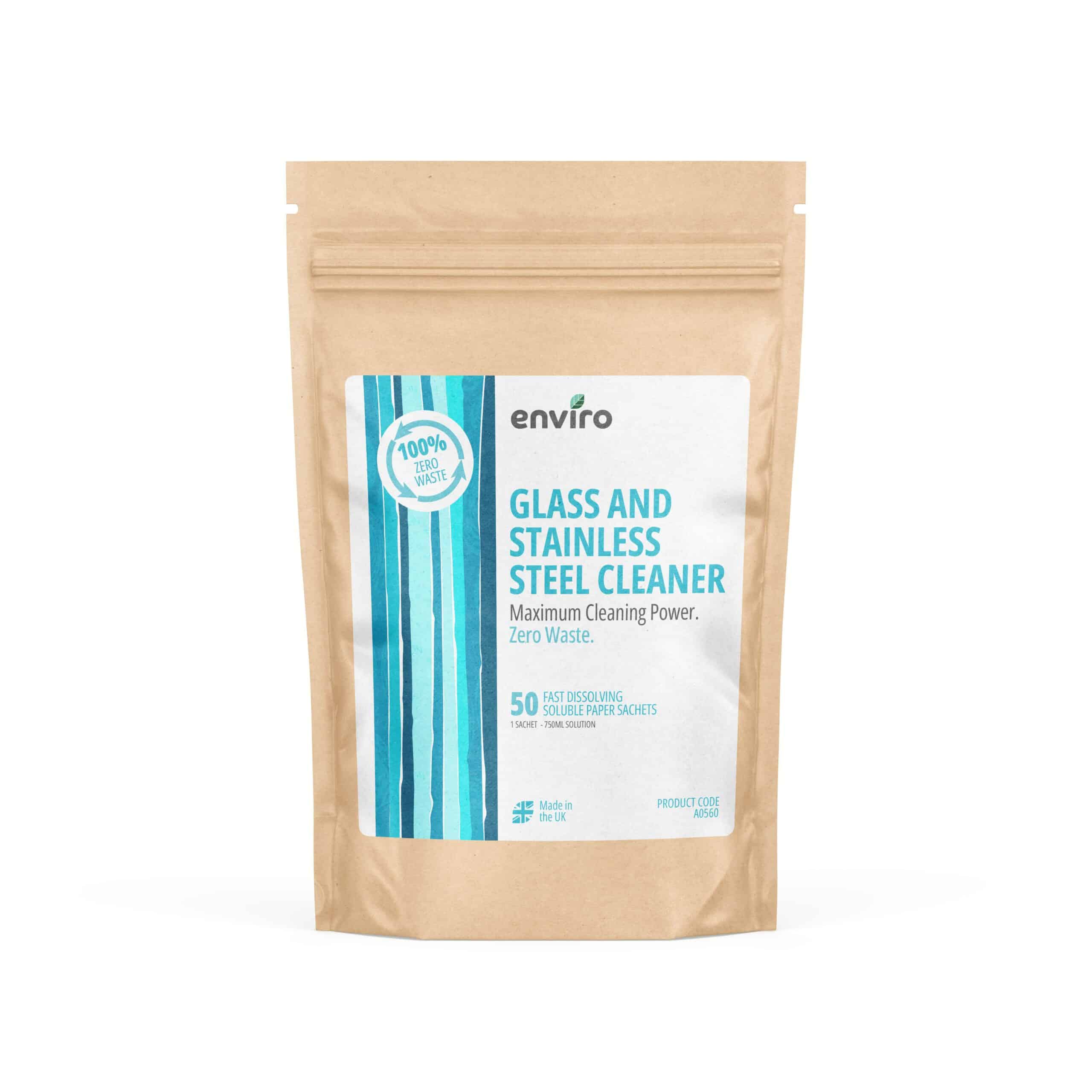 Enviro glass and stainless steel cleaner in 100% zero waste dissolvable sachets for sustainable cleaning.
