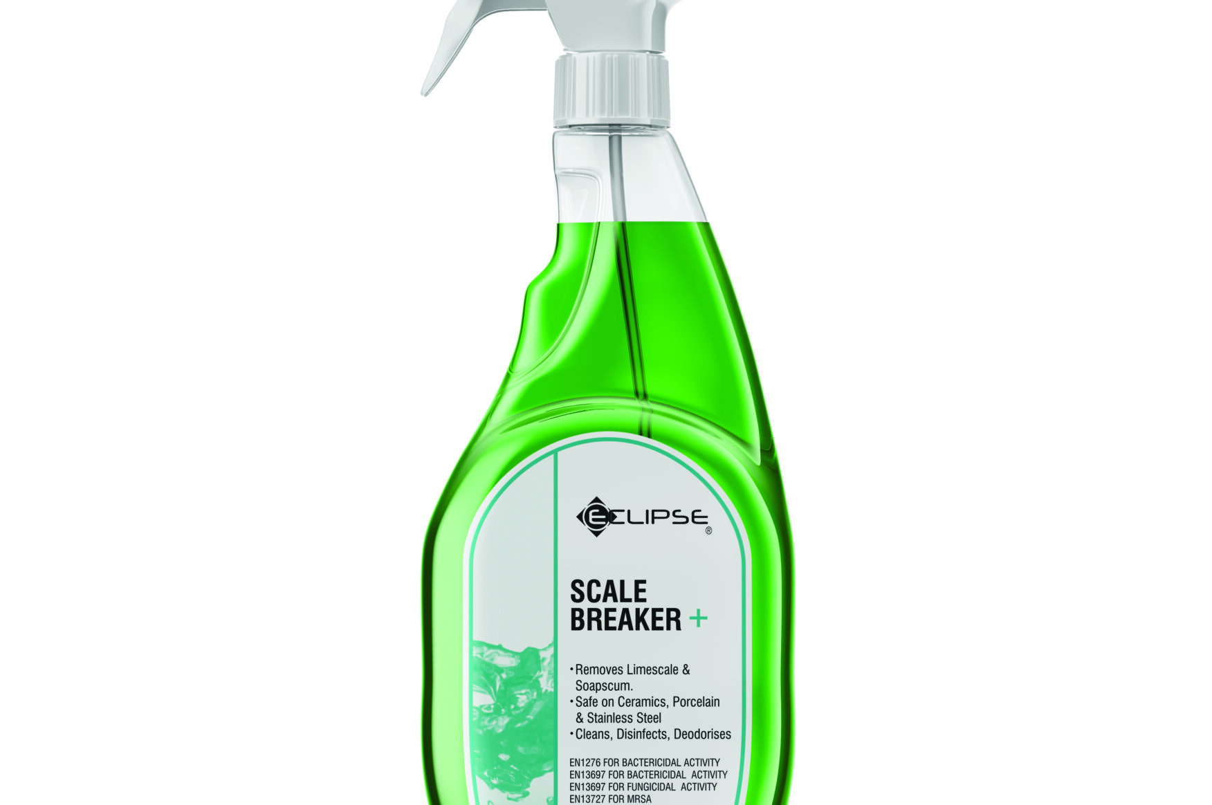 A spray bottle of Eclipse Scale Breaker+ cleaner with green liquid, labeled for removing limescale and cleaning surfaces; 750ml capacity—ideal among types of descalers for care homes.