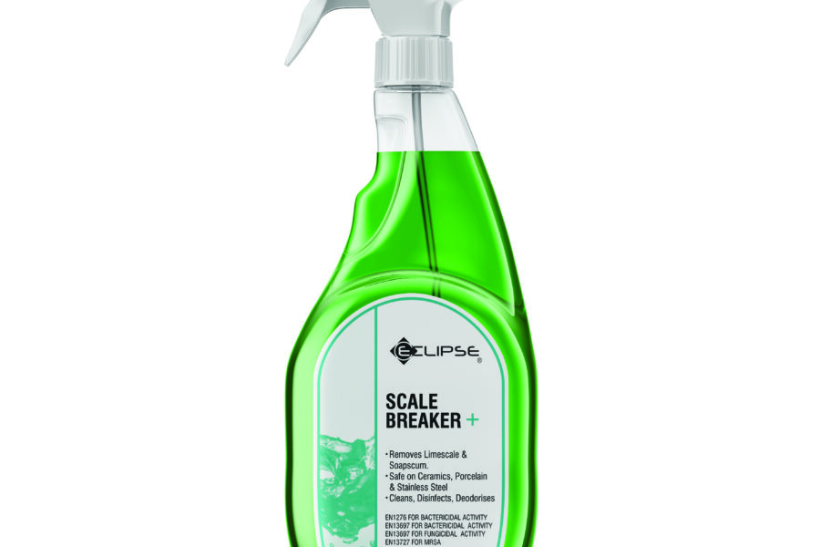 A spray bottle of Eclipse Scale Breaker+ cleaner with green liquid, labeled for removing limescale and cleaning surfaces; 750ml capacity—ideal among types of descalers for care homes.