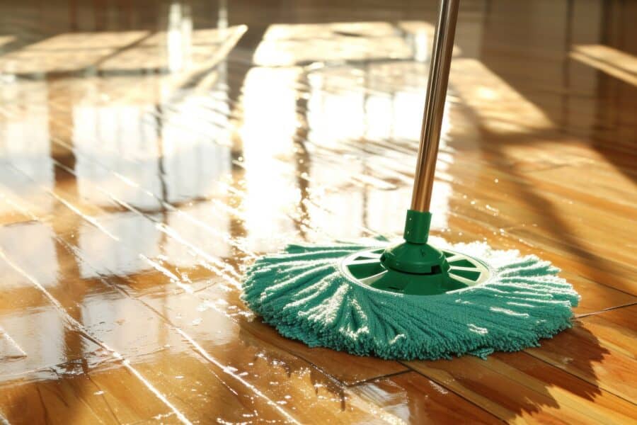Green mop cleaning a care home floor with visible shine and water reflection