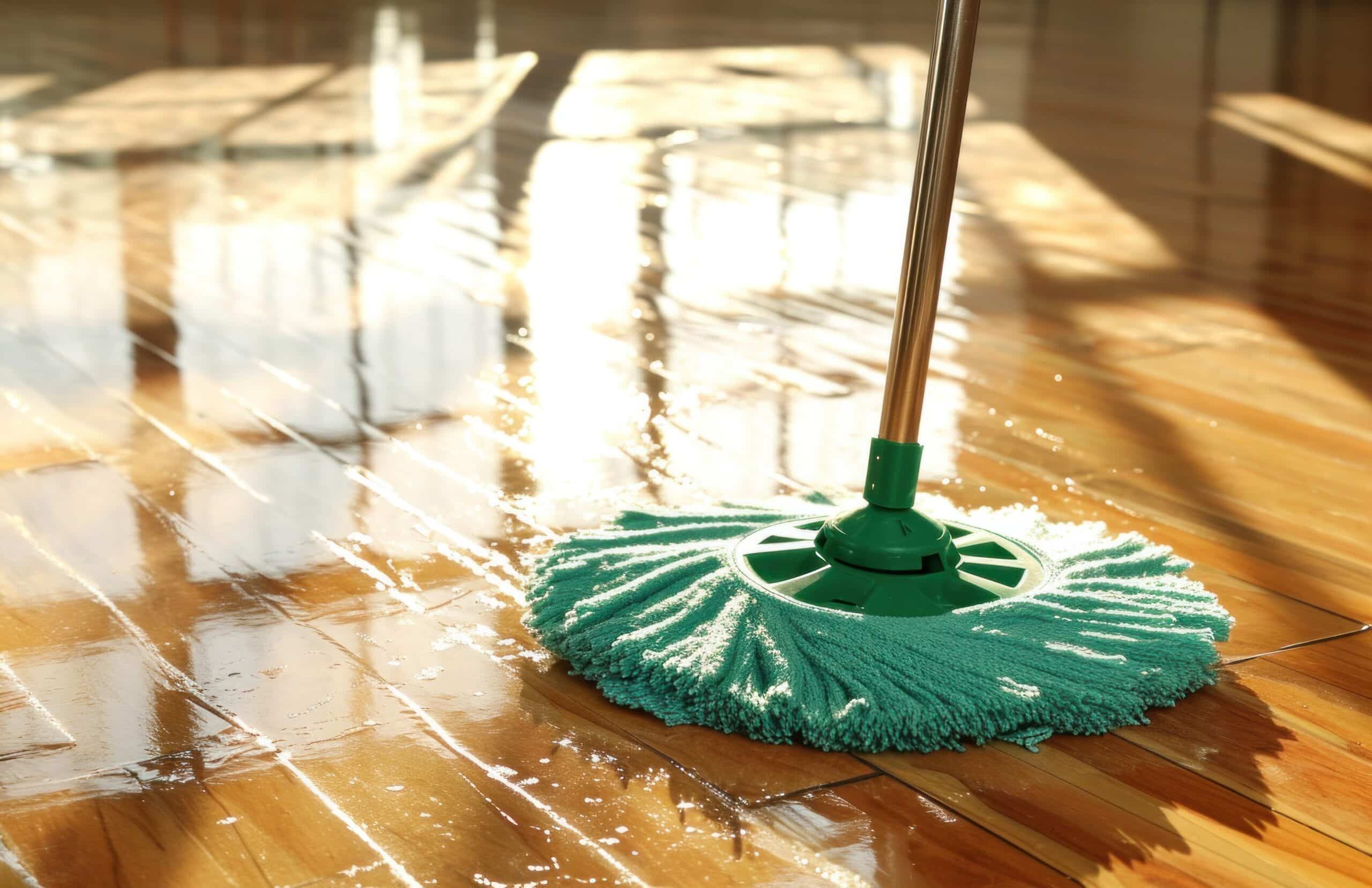 Green mop cleaning a care home floor with visible shine and water reflection