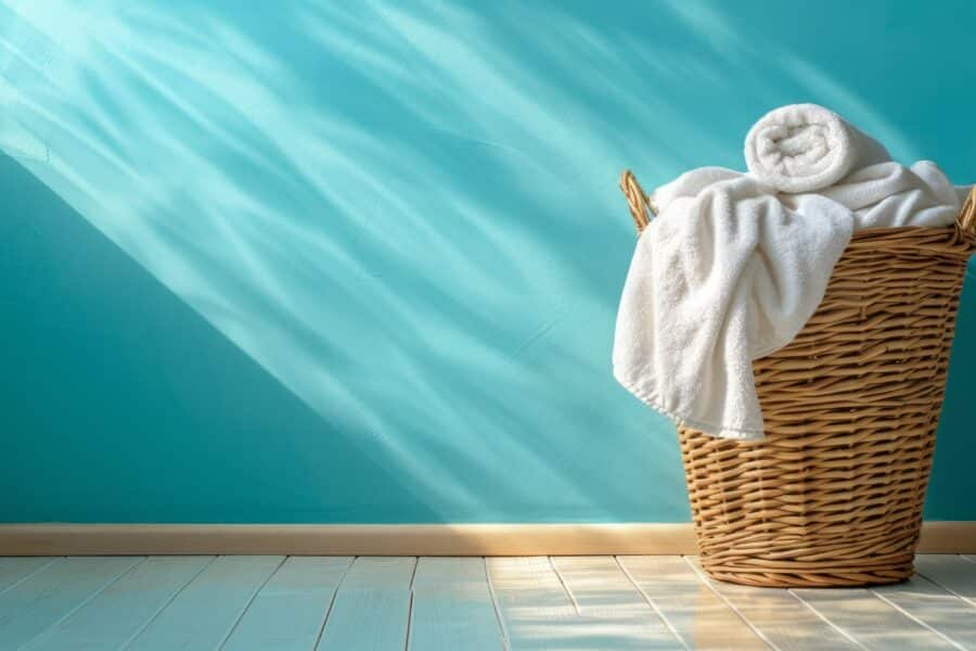 Laundry basket with clean white towels in a care home, representing safe laundry practices and cross-contamination prevention.