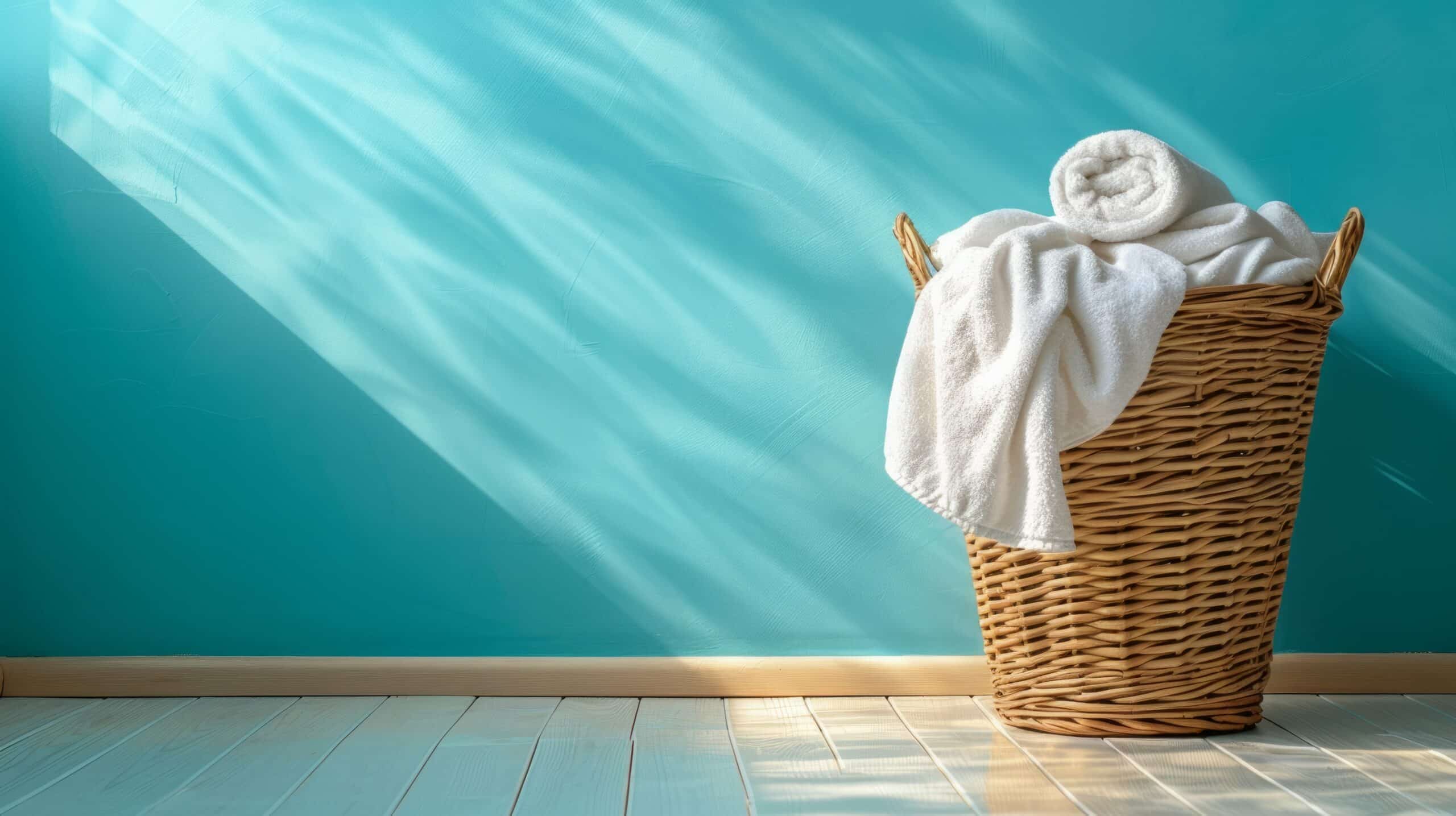 Laundry basket with clean white towels in a care home, representing safe laundry practices and cross-contamination prevention.