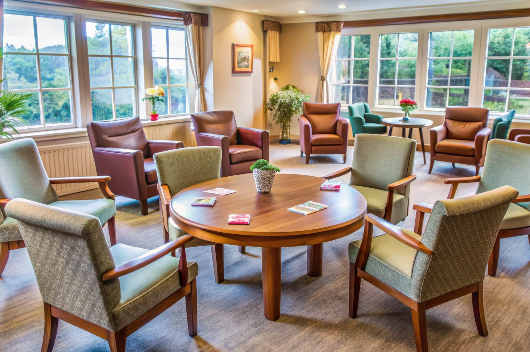 Bright care home communal area with chairs and tables, showing the importance of odour control for resident comfort.