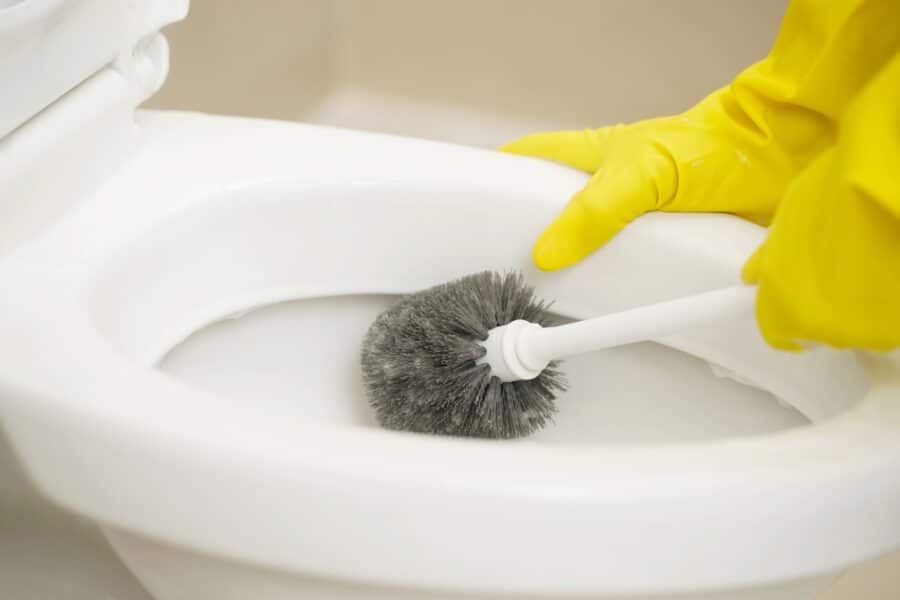 Care home staff cleaning a toilet with gloves as part of bathroom infection control checklist