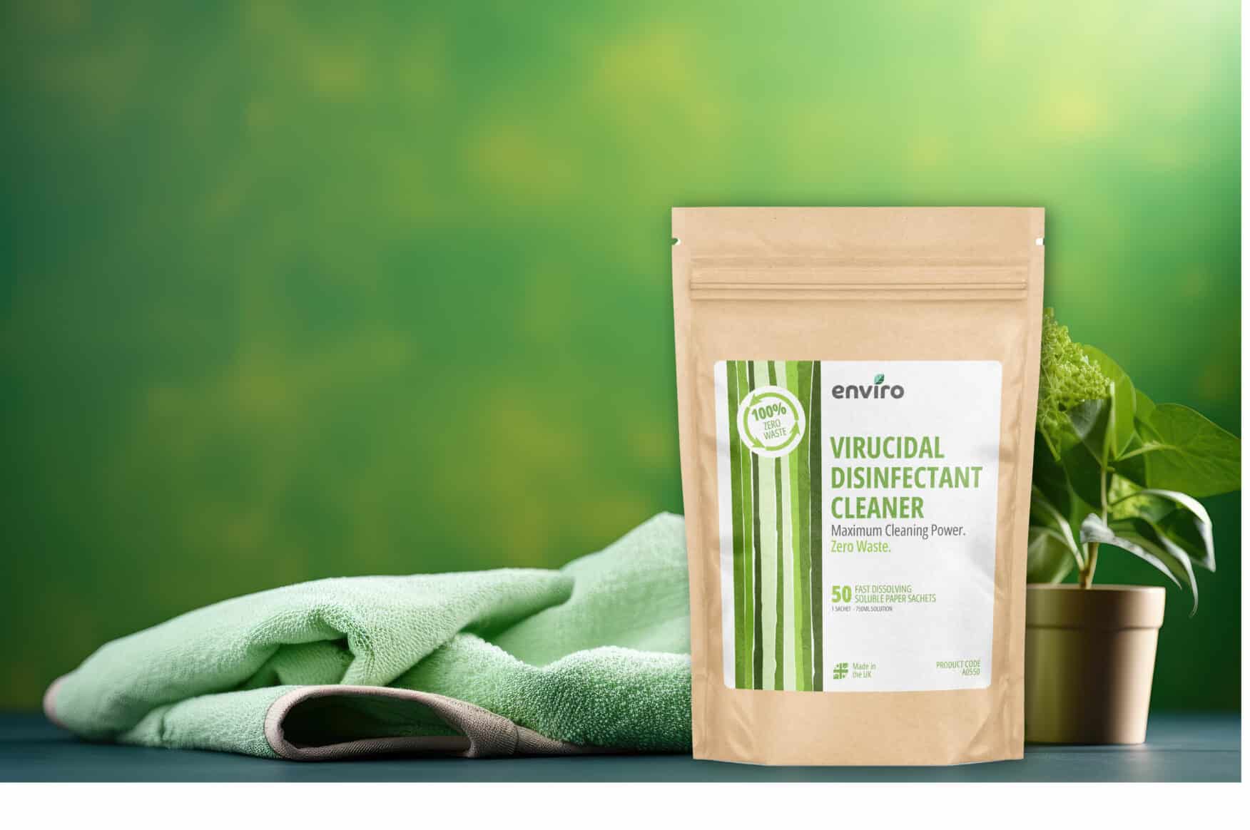 A brown paper pouch labeled "Virucidal Disinfectant Cleaner" is displayed next to a green cloth symbolising Eco Friendly Disinfectants