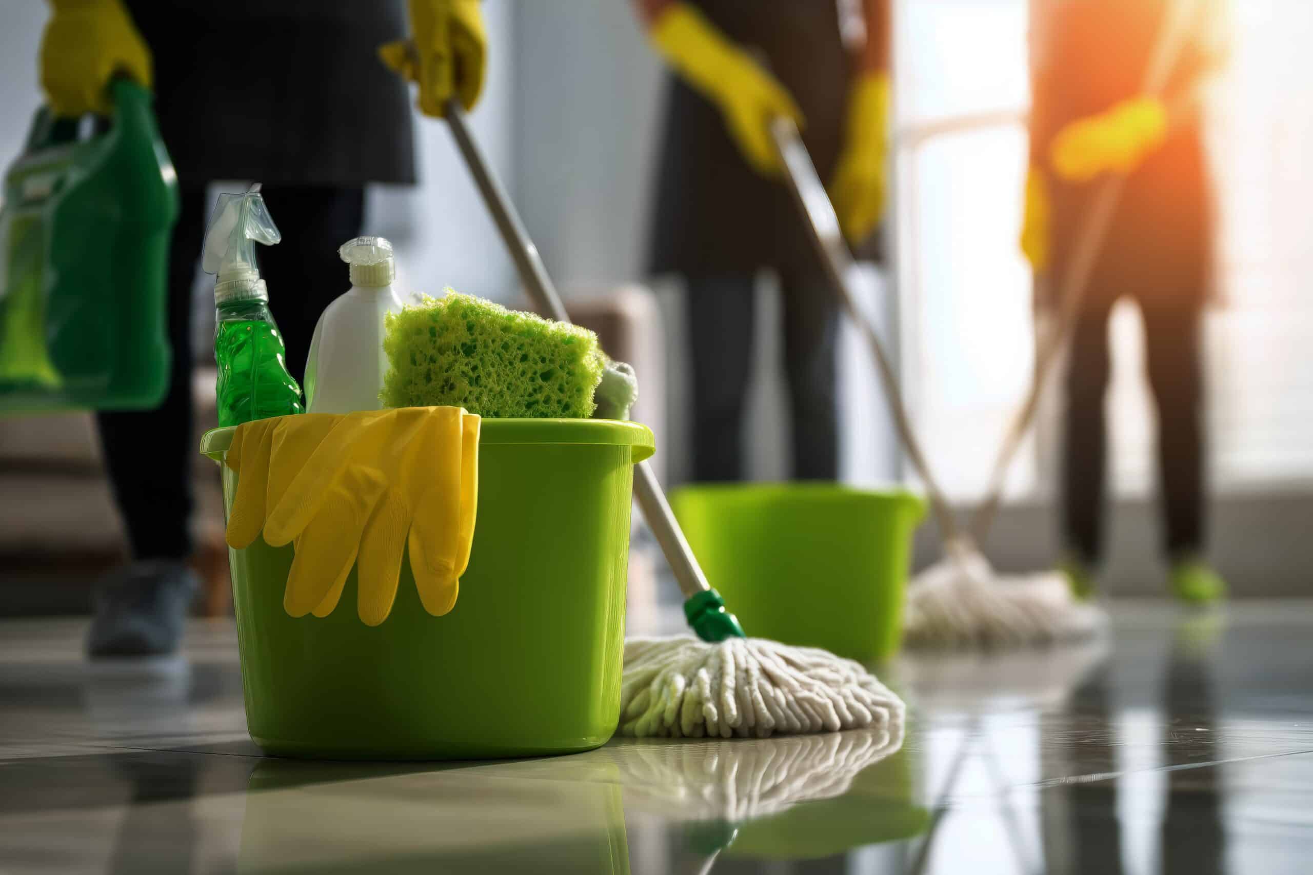Care home cleaning team with mops, gloves, and cleaning supplies during routine cleaning