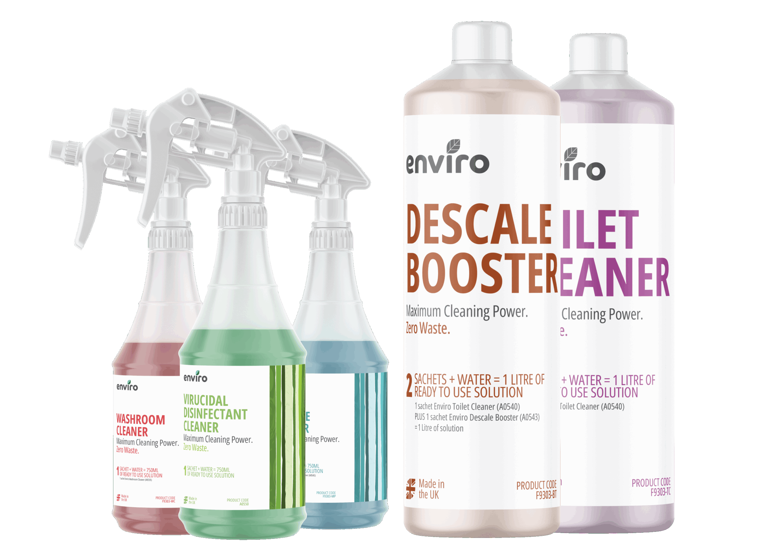 Five cleaning and hygiene product bottles labeled enviro, including spray bottles and liquid containers for washroom, disinfectant, descaler, and toilet cleaner, are arranged against a white background.
