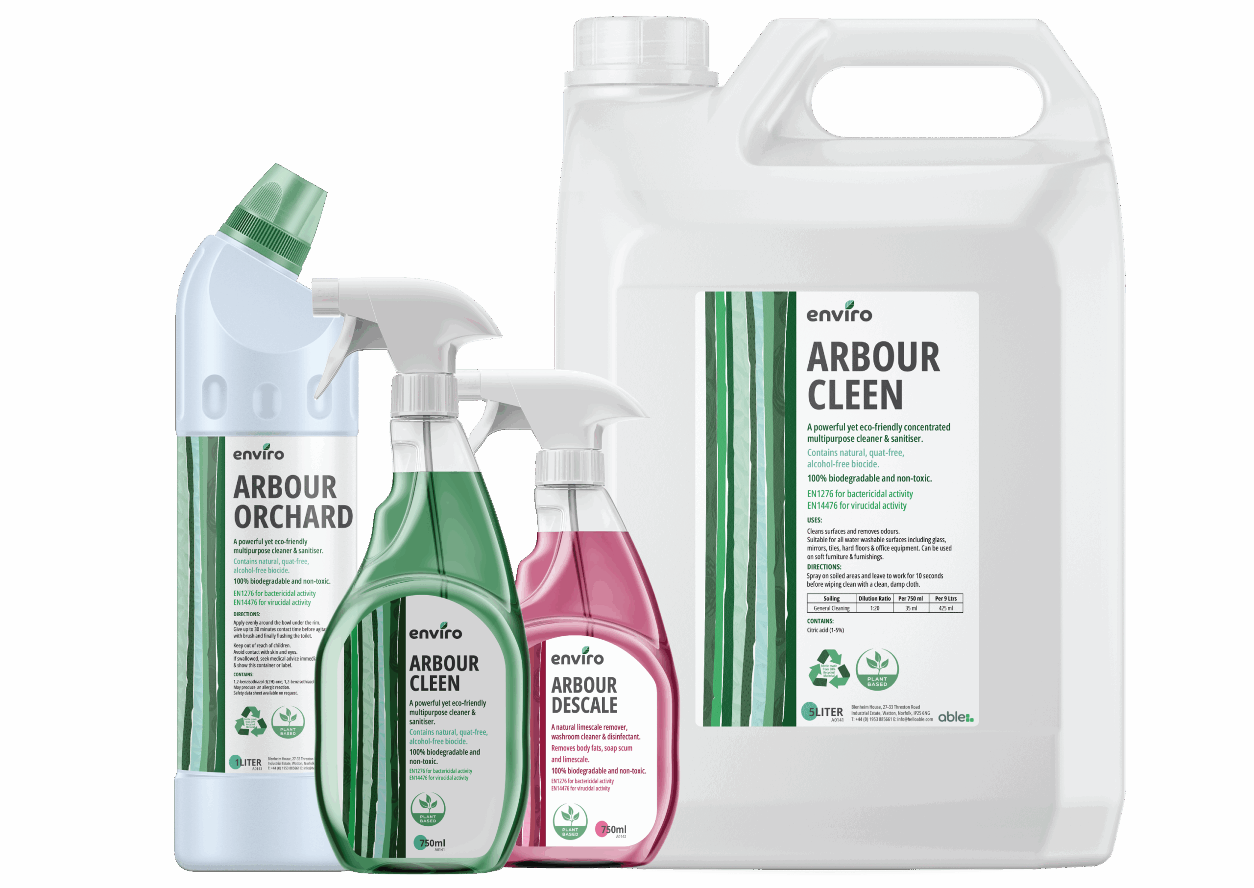 Four containers of cleaning and hygiene products labeled "Arbour Cleen," "Arbour Orchard," and "Arbour Descale" with green and white packaging, arranged neatly against a white background.