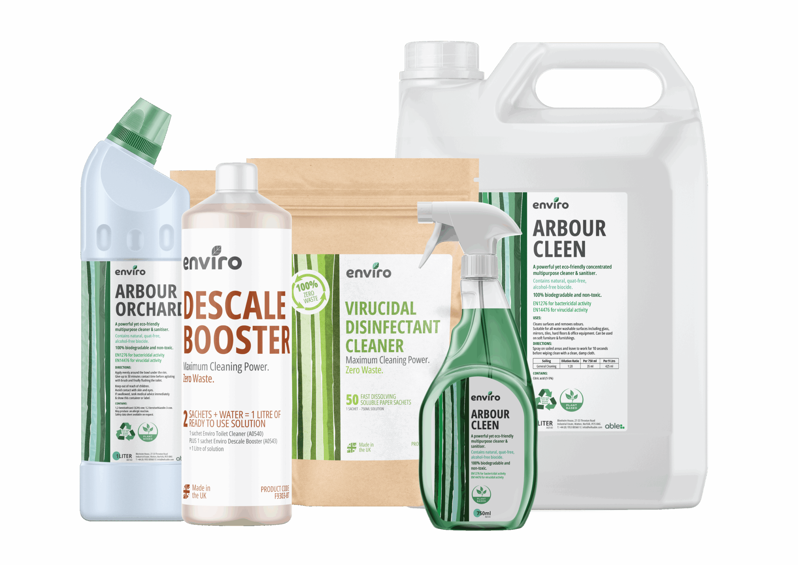Enviro cleaning products range including Arbour Orchard multipurpose cleaner, Descale Booster, Virucidal Disinfectant Cleaner, and Arbour Cleen concentrate.