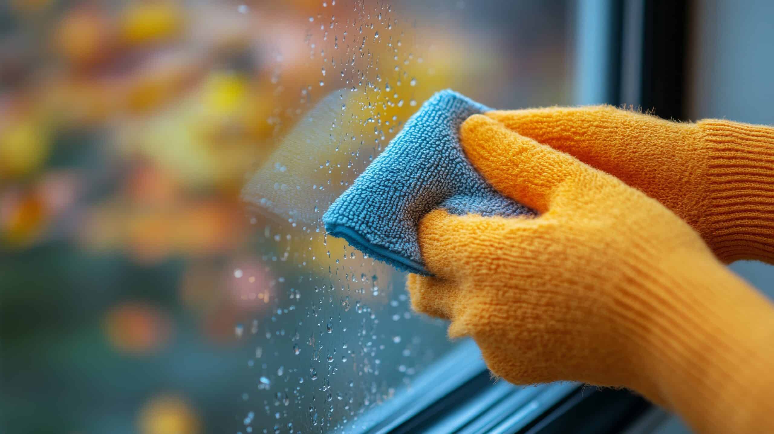 Care home winter cleaning with a staff member wiping condensation from a window using a microfibre cloth.