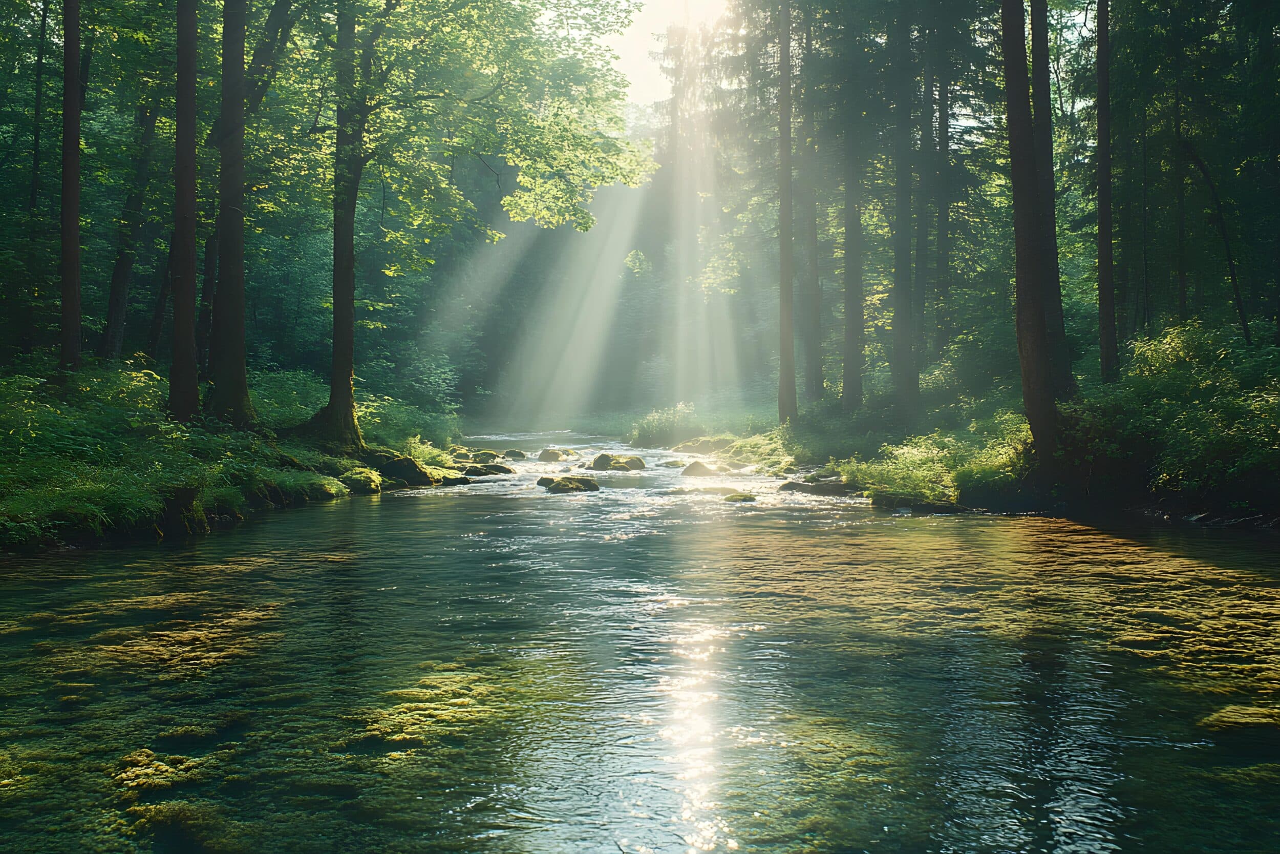 Sunlight streams through tall trees onto a clear forest river, where mossy rocks and lush green foliage evoke a sense of natural cleaning and hygiene.