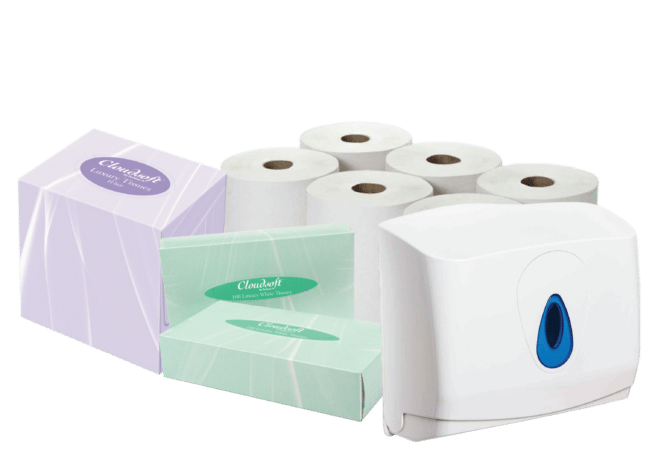 A group of cleaning and hygiene restroom supplies, including six toilet paper rolls, two tissue boxes, a feminine hygiene disposal box, and a white paper towel dispenser.