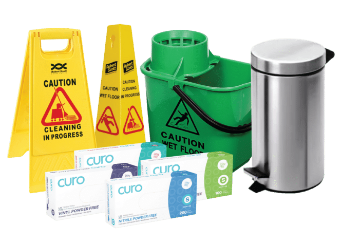 Assorted cleaning and hygiene supplies including caution signs, a green bucket, disposable gloves in boxes, and a stainless steel trash bin.