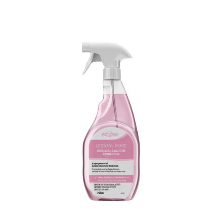 A spray bottle of Eclipse Legion+ Rose Biocidal Calcium Deioniser, 750ml, featuring a trigger nozzle and product label on the front—ideal for Healthcare Supplies with its effective pink liquid formula.