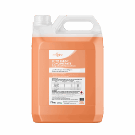 A 5-liter plastic container of Eclipse Citra Clean Concentrate, an orange-scented multipurpose cleaner ideal for Healthcare Supplies, with product details and instructions clearly displayed on the front label.