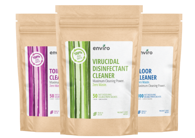 Three brown resealable pouches labeled as Enviro cleaning and hygiene products: virucidal disinfectant cleaner, toilet cleaner, and floor cleaner, each with 50 fast-dissolving sachets.