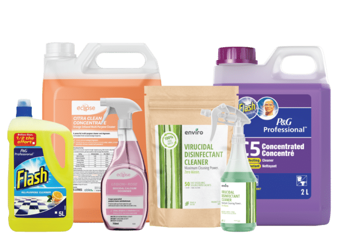 A variety of cleaning and hygiene products in different containers—including bottles, jugs, a spray bottle, and a pouch—are displayed against a plain background.