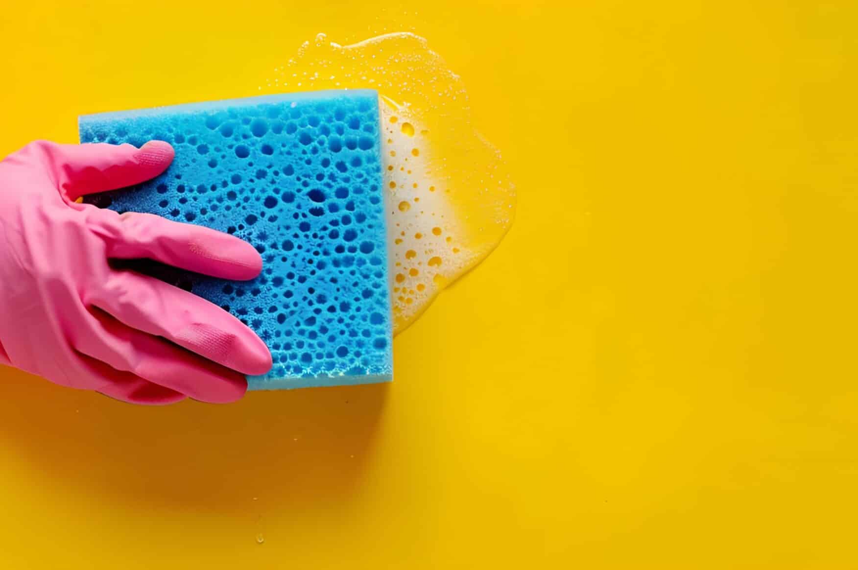 Hand wearing a pink glove cleaning a yellow surface with a blue sponge as part of care home cleaning tasks.