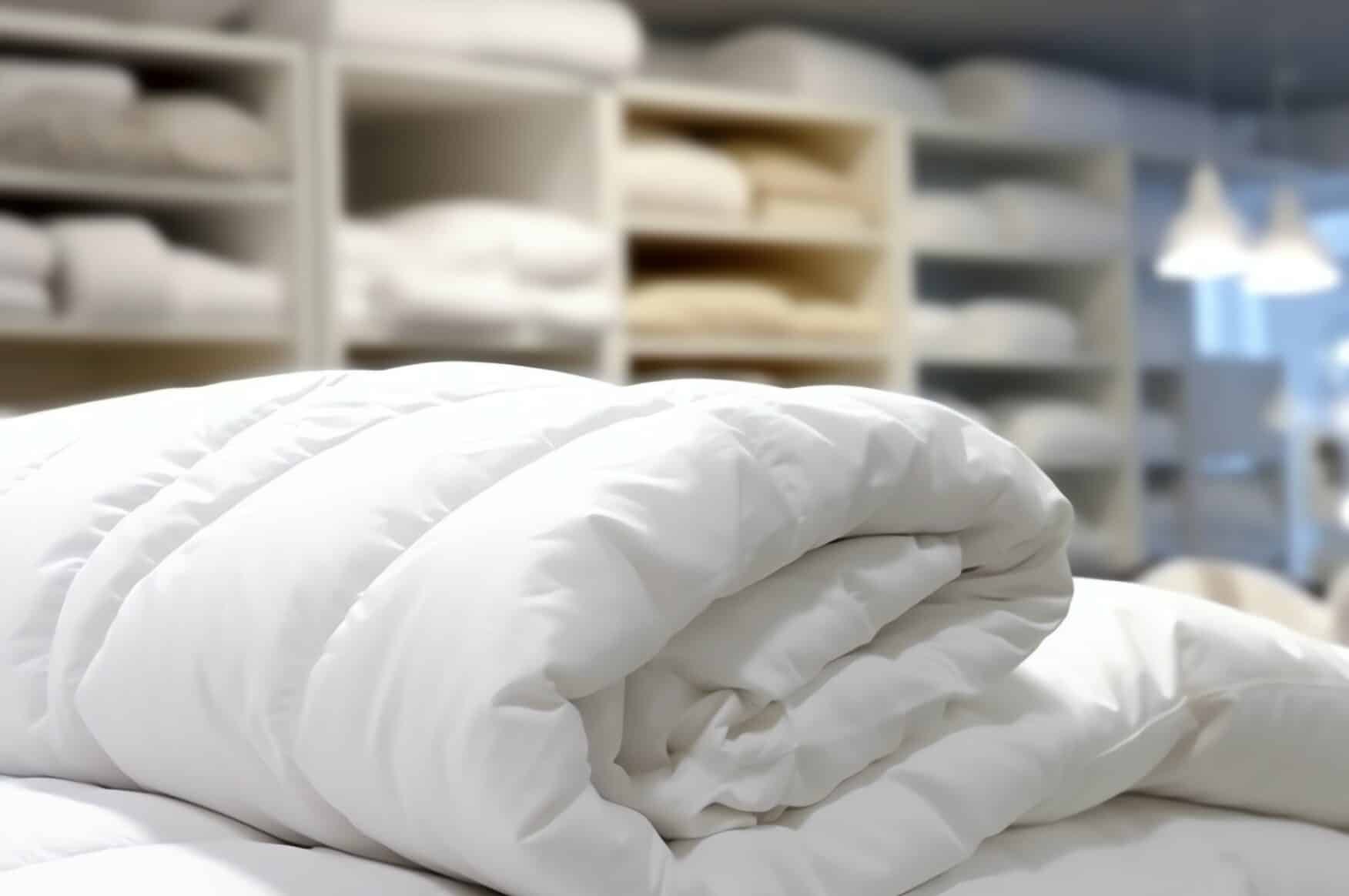 Clean, folded duvet stored on shelving in a care home, highlighting common duvet washing mistakes care homes should avoid.