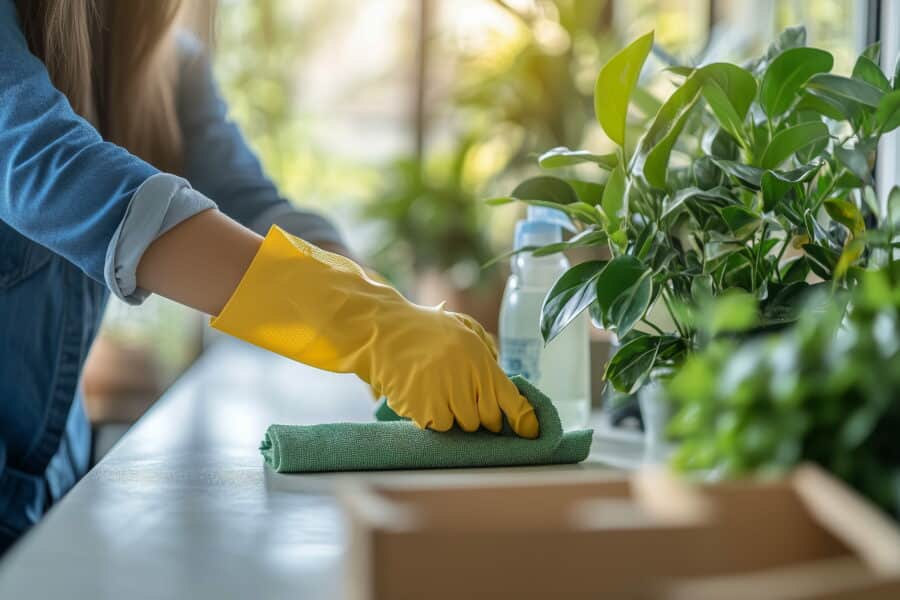 Cleaning staff maintaining hygiene standards as part of managing cleaning operations in care homes.