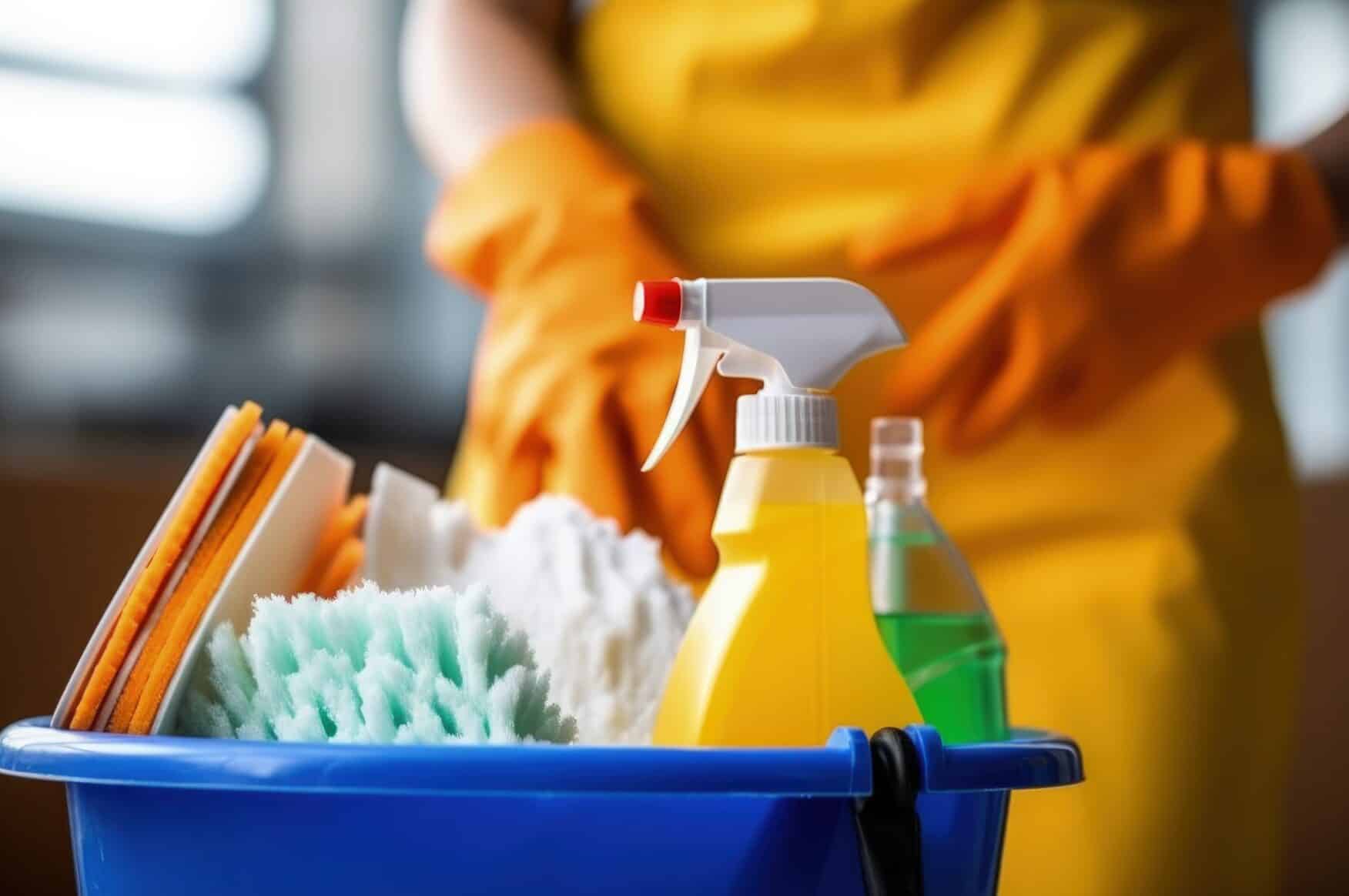 Cleaning supplies prepared for cleaning handover procedures in care homes