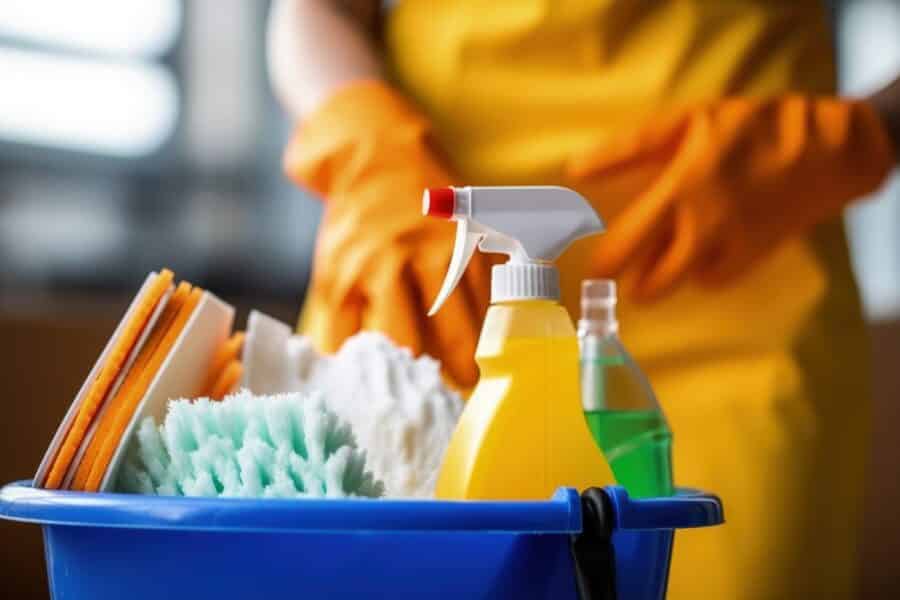 Cleaning supplies prepared for cleaning handover procedures in care homes