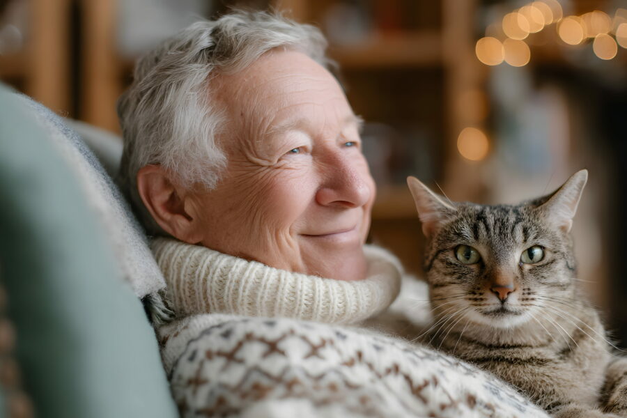 Pets in care homes providing companionship as a resident relaxes with a cat in a comfortable care home environment