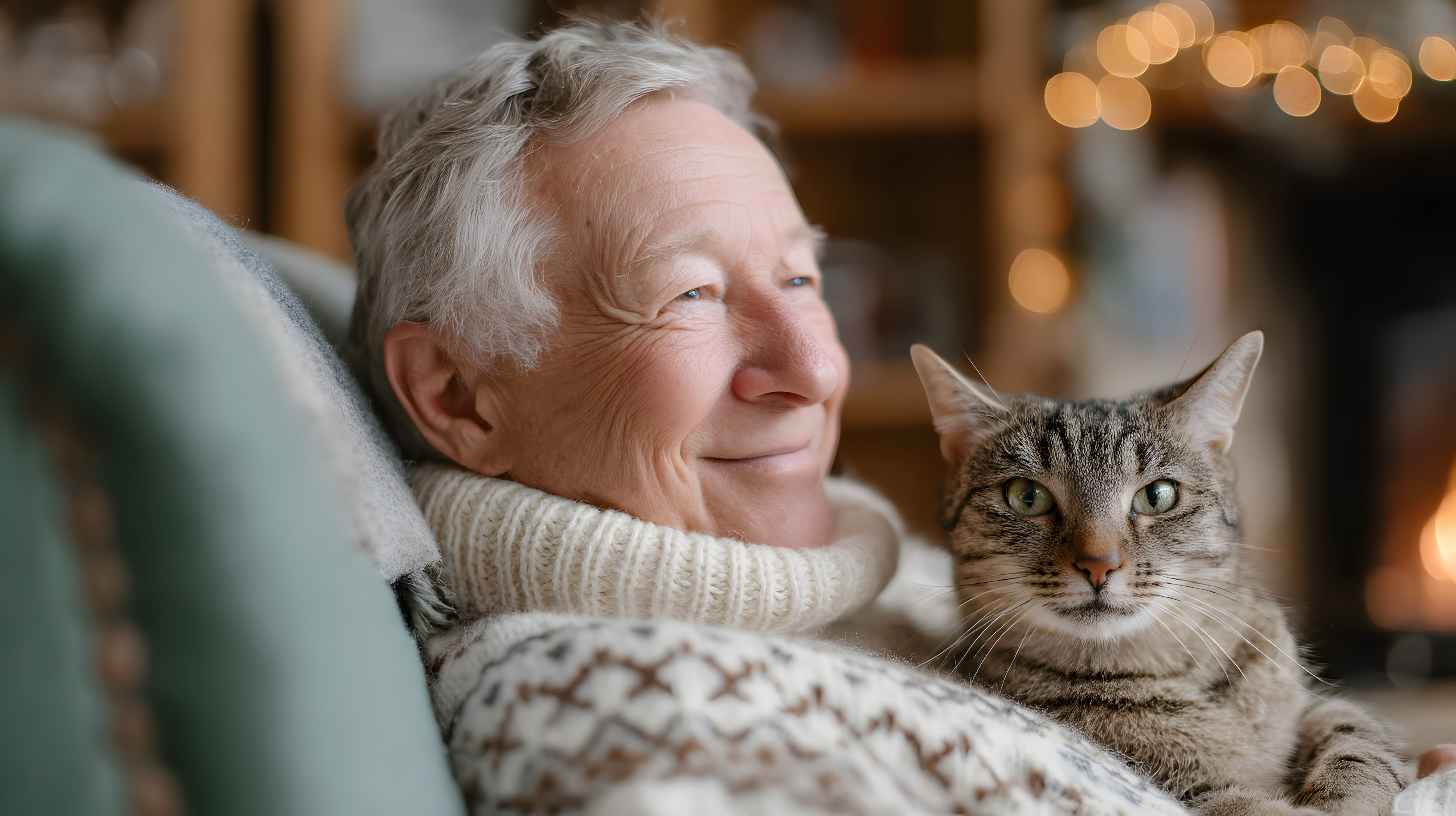 Pets in care homes providing companionship as a resident relaxes with a cat in a comfortable care home environment
