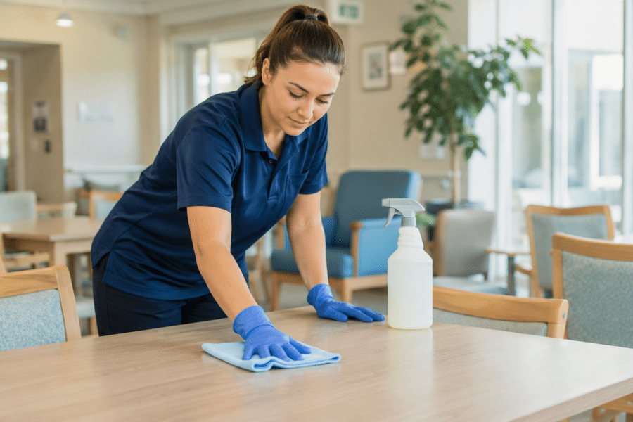 Professional cleaner using hard surface cleaner on a table in a commercial care environment