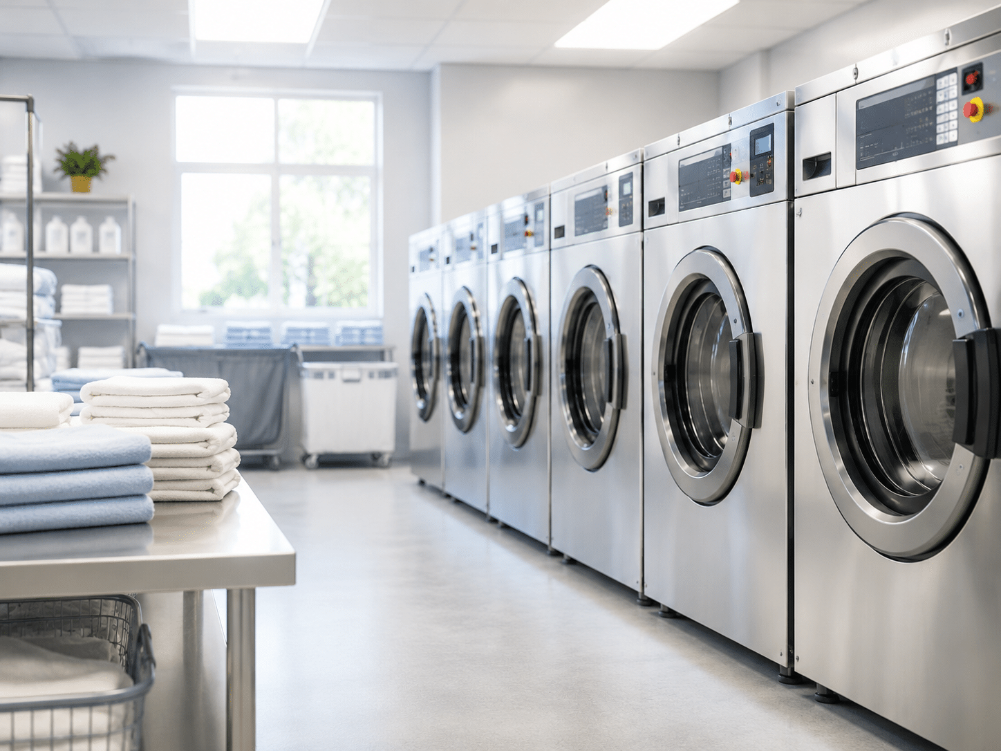 Commercial laundry room with professional washing machines