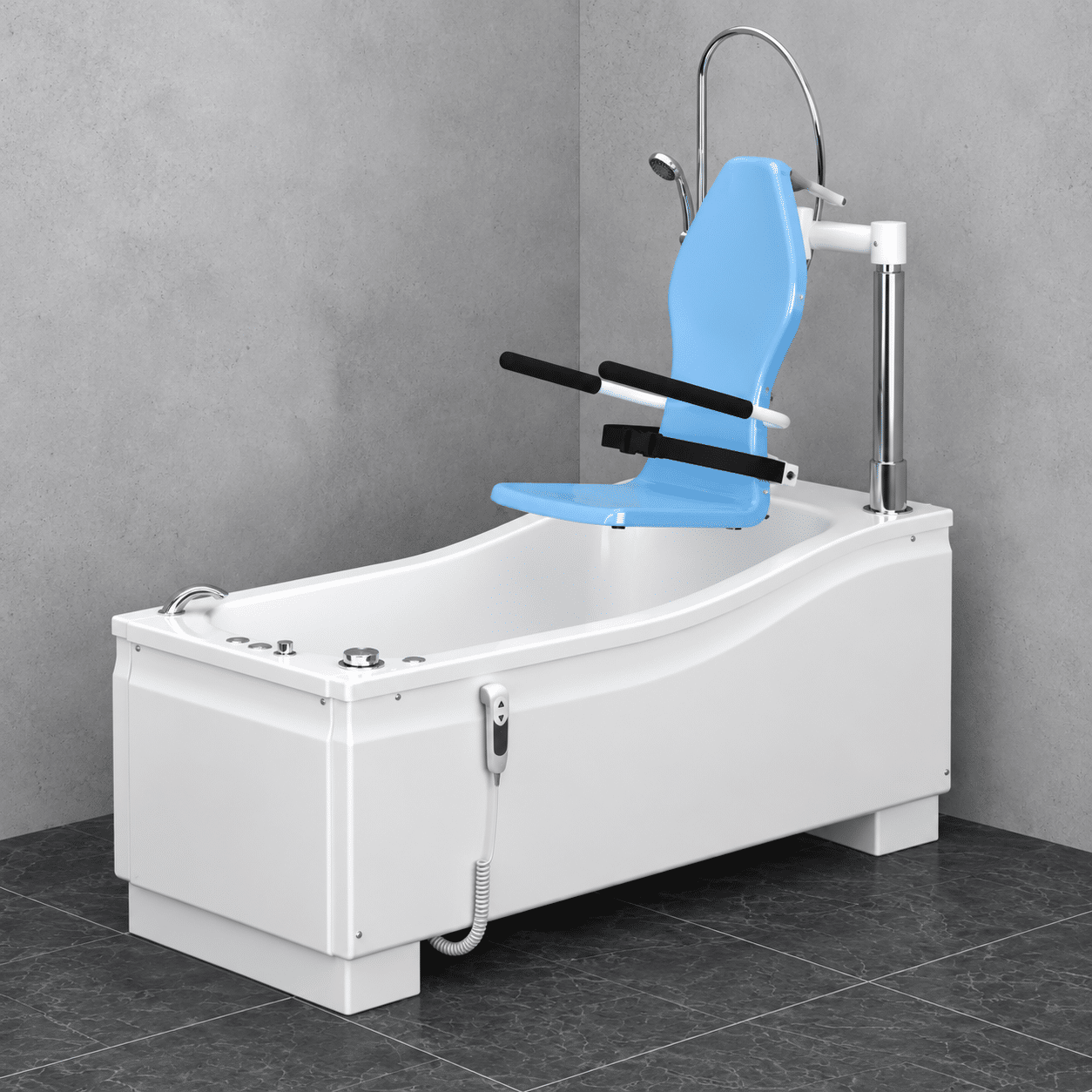 Compact DC3 dementia-care bath with powered seat